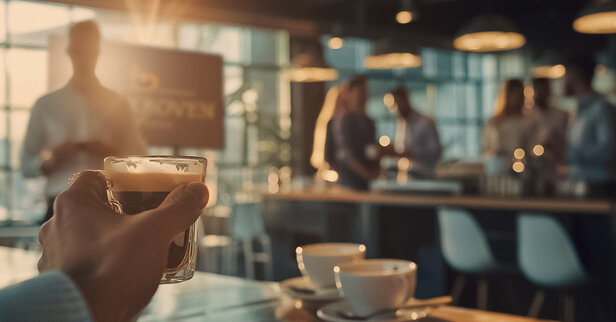 Ruka držící šálek kávy v rušné kavárně během školení baristů. Atmosféru dokresluje teplé osvětlení.