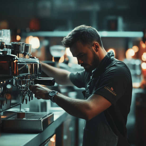 Zkušený barista odborně vaří kávu ve stylové kavárně, kde se předvádí kvalitní služby a pozornost věnovaná detailům.