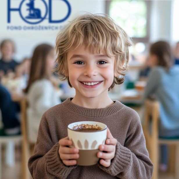 Chlapec se usmívá s hrnkem horké čokolády v živé kavárně obklopené dětmi, které si pochutnávají na občerstvení.