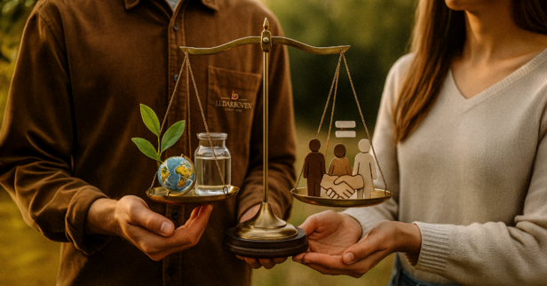 Dva lidé drží váhu se Zemí a symboly jednoty a vyvažují udržitelnost a zapojení komunity.