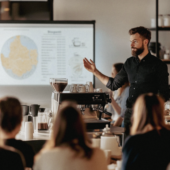 Školení baristů s kvalifikovaným instruktorem, který pozorným studentům vysvětluje kávové techniky v moderním prostředí kavárny.
