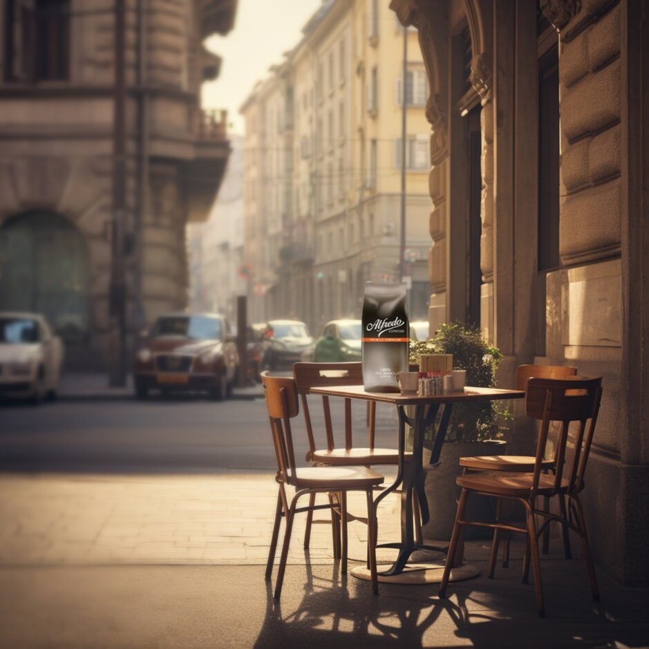 Osobitý kavárenský stolek na sluncem ozářené ulici s kávou a dekorativními rostlinami, ideální pro chvíle odpočinku.