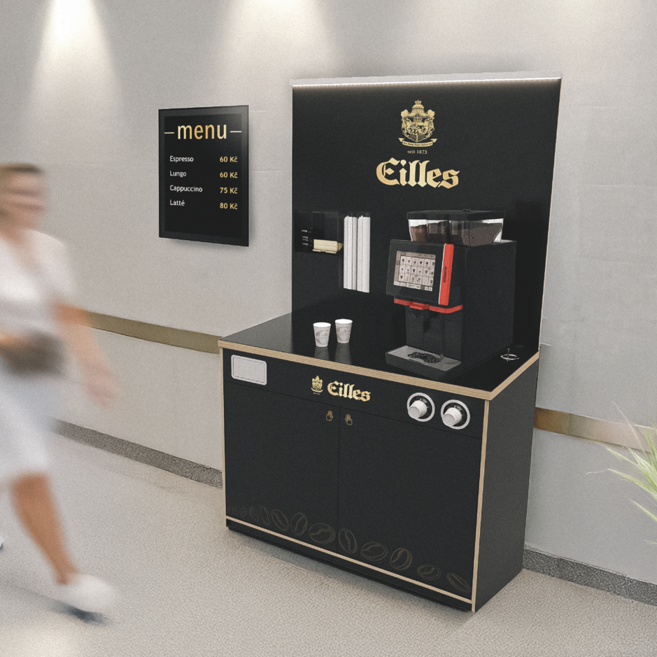 Stylová kávová stanice Eilles s nabídkou espressa, cappuccina a latté v moderním prostředí.