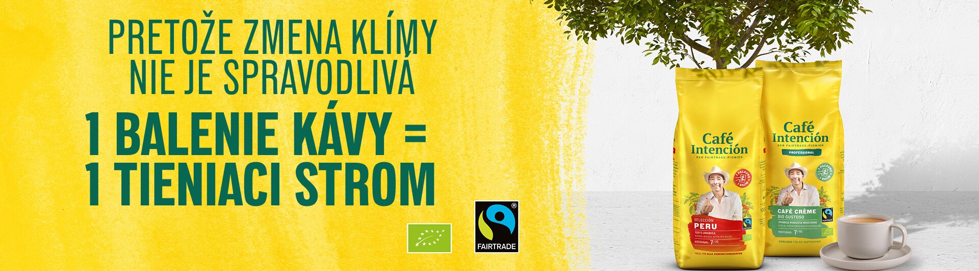 Obal kaviarne Café Intención propaguje fairtradovú kávu a udržateľnú výsadbu stromov v živom, ekologickom prostredí.