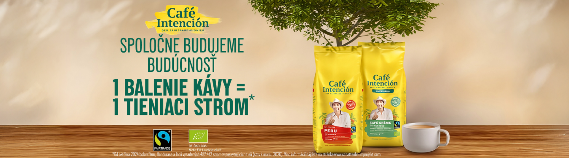 Obal kaviarne Café Intención propaguje fairtradovú kávu a udržateľnú výsadbu stromov v živom, ekologickom prostredí.