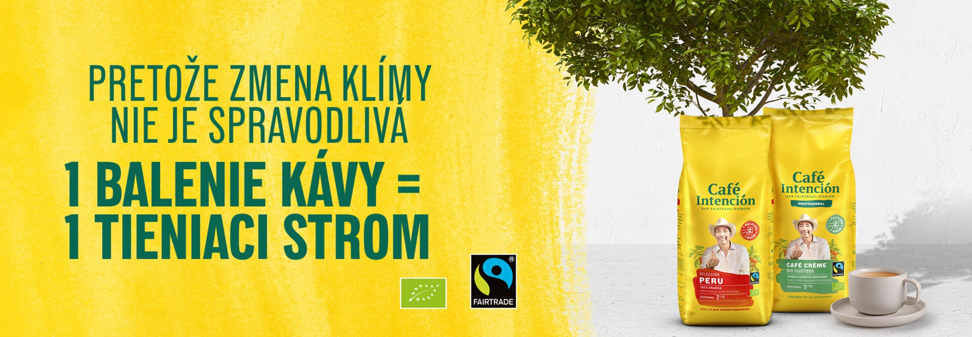 Obal kaviarne Café Intención propaguje fairtradovú kávu a udržateľnú výsadbu stromov v živom, ekologickom prostredí.