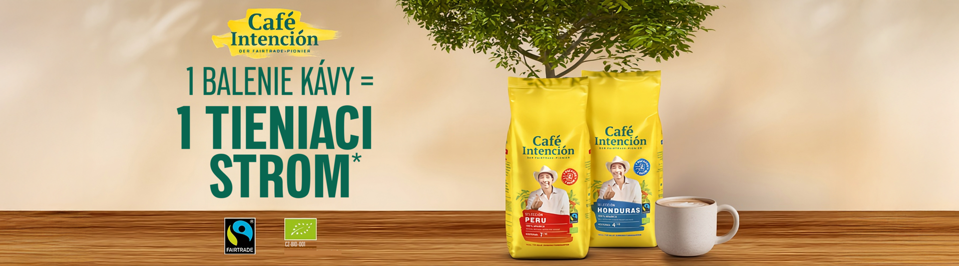 Vrecká na kávu Café Intención so stromom, ktoré propagujú udržateľné poľnohospodárstvo a postupy Fairtrade. Vychutnajte si kvalitu s cieľom.