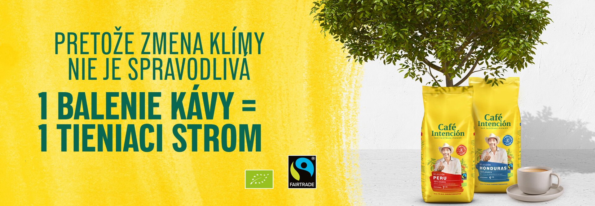 Vrecká na kávu Café Intención so stromom, ktoré propagujú udržateľné poľnohospodárstvo a postupy Fairtrade. Vychutnajte si kvalitu s cieľom.