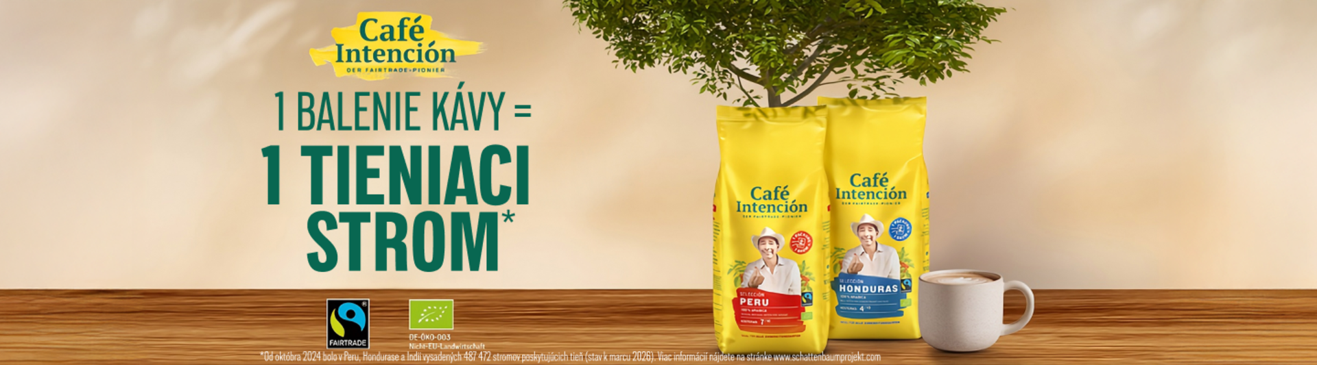 Vrecká na kávu Café Intención so stromom, ktoré propagujú udržateľné poľnohospodárstvo a postupy Fairtrade. Vychutnajte si kvalitu s cieľom.