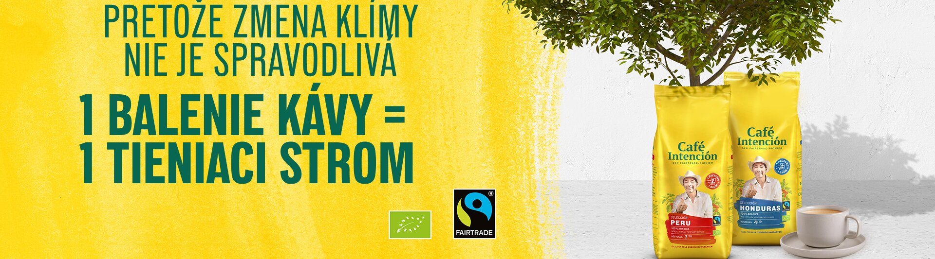 Vrecká na kávu Café Intención so stromom, ktoré propagujú udržateľné poľnohospodárstvo a postupy Fairtrade. Vychutnajte si kvalitu s cieľom.