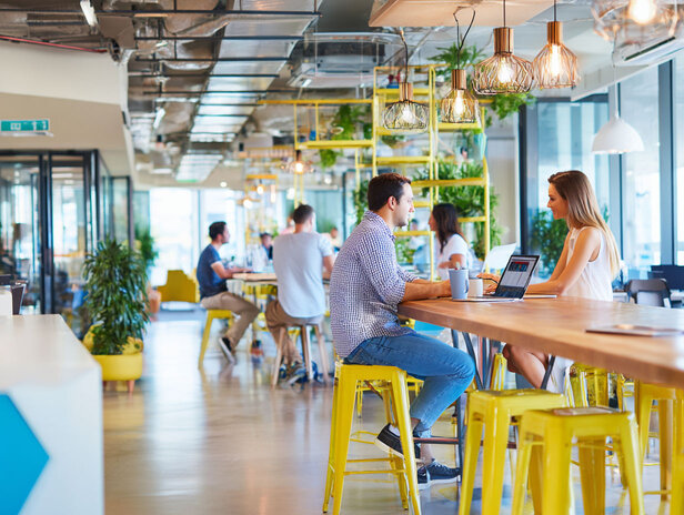 Světlý moderní coworkingový prostor s lidmi spolupracujícími u dřevěného stolu, obklopený zelení a stylovou výzdobou.