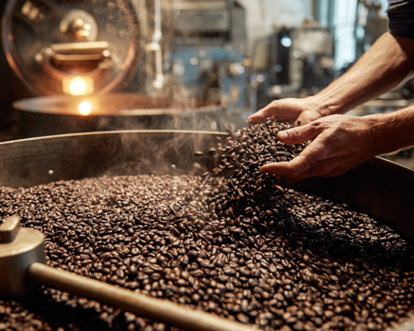 Ruce svírající čerstvě upražená kávová zrna v tradiční pražírně, obklopené párou a stroji.