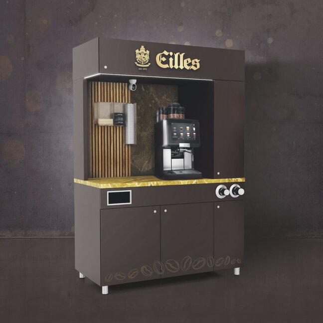 Stylový kávovar Eilles v moderním kávovém koutku B2B s elegantním designem a kvalitním kávovým příslušenstvím.