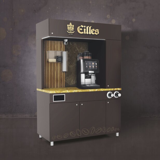 Stylový kávovar Eilles v moderním kávovém koutku B2B s elegantním designem a kvalitním kávovým příslušenstvím.