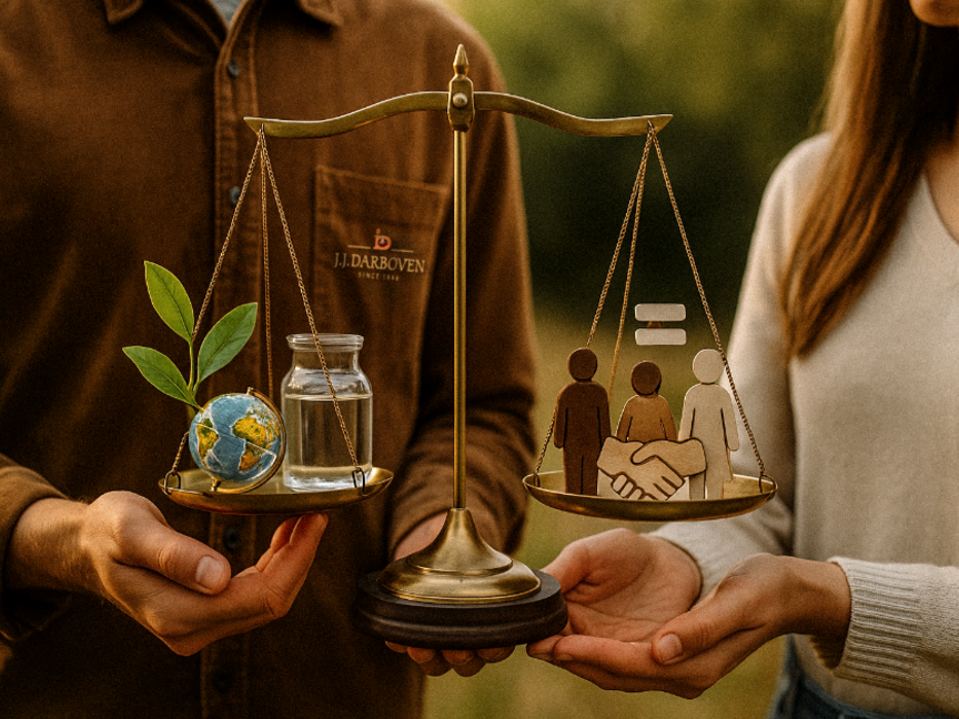 Vyvážená stupnice se zeměkoulí, nádobou na vodu a symboly lidí představuje environmentální spravedlnost a sociální rovnost.