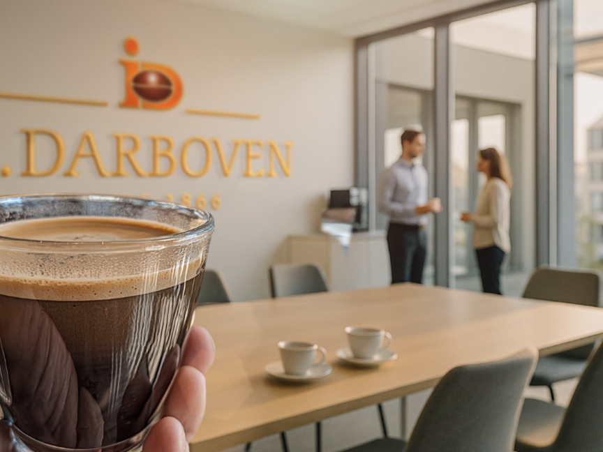 Ruka držící sklenici kávy v moderní kanceláři s kolegy diskutujícími v pozadí ve společnosti J.J. Darboven.