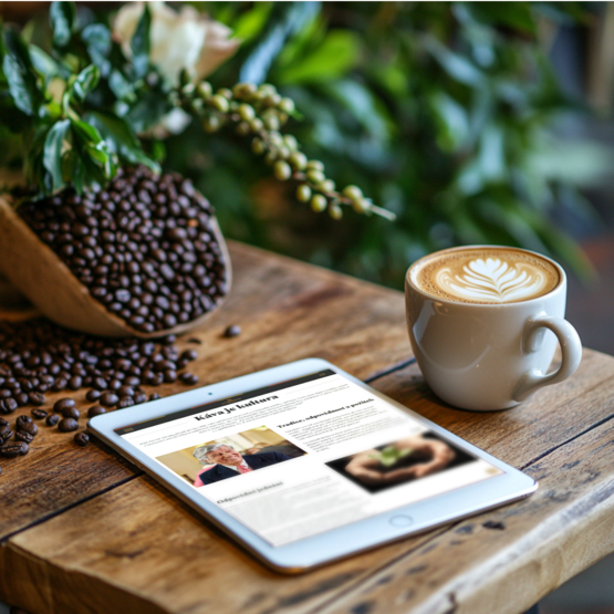 Tabulka s články o kávě vedle latté a kávových zrn na dřevěném stole v rustikálním stylu.