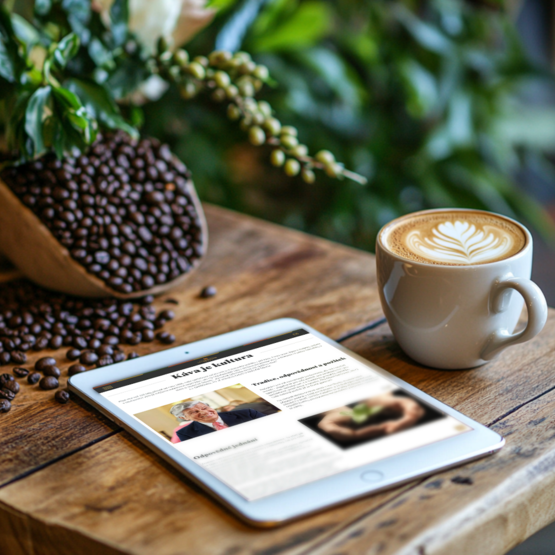 Tabuľka s článkami o kávovej kultúre vedľa latte a kávových zŕn na drevenom stole v rustikálnom štýle.