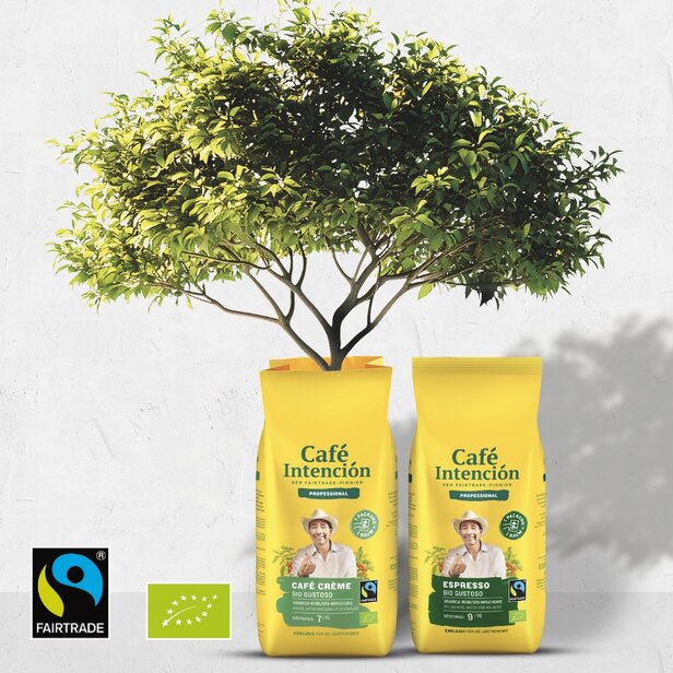 Sáčky na fairtradovou kávu Café Intención se zářivým designem rostlin upozorňují na možnosti přípravy kávy šetrné k životnímu prostředí.
