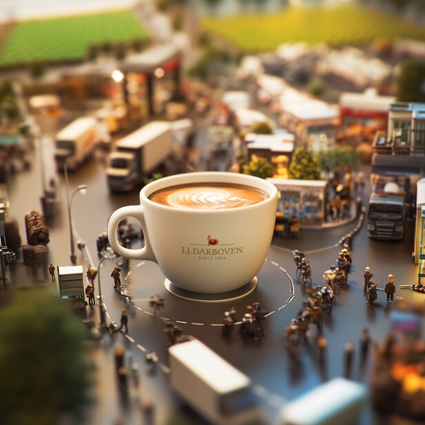 Velký šálek kávy J.J. Darboven stojí na rušném miniaturním trhu.