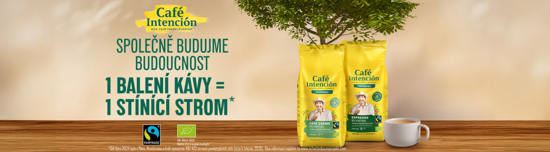 Obaly Café Intención podporují udržitelnost a zdůrazňují, že jedno balení kávy se rovná jednomu vysazenému stromu.