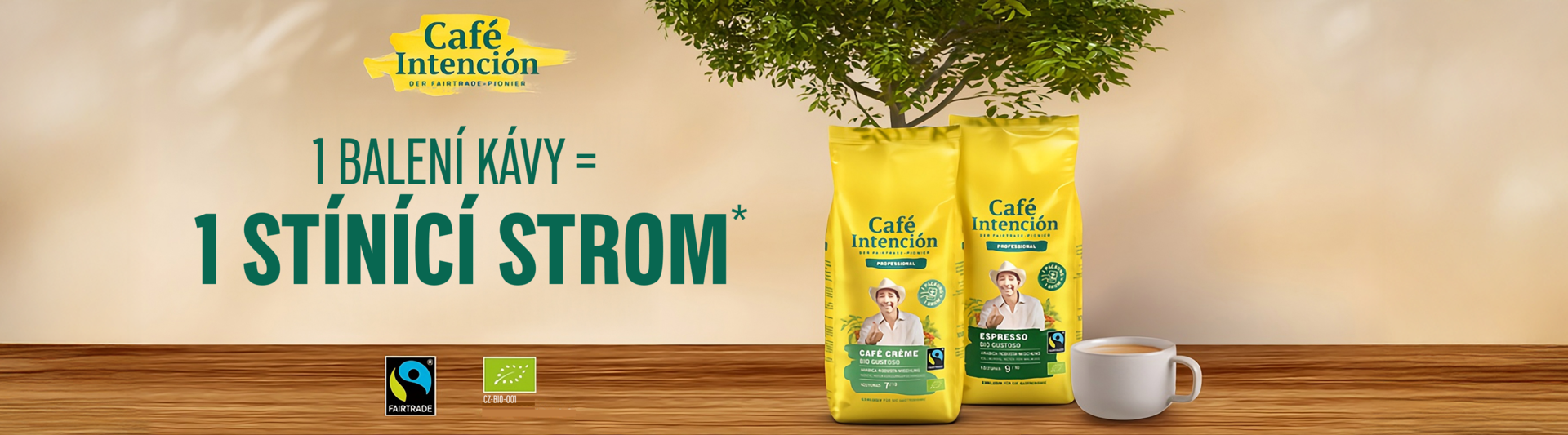 Obaly Café Intención podporují udržitelnost a zdůrazňují, že jedno balení kávy se rovná jednomu vysazenému stromu.