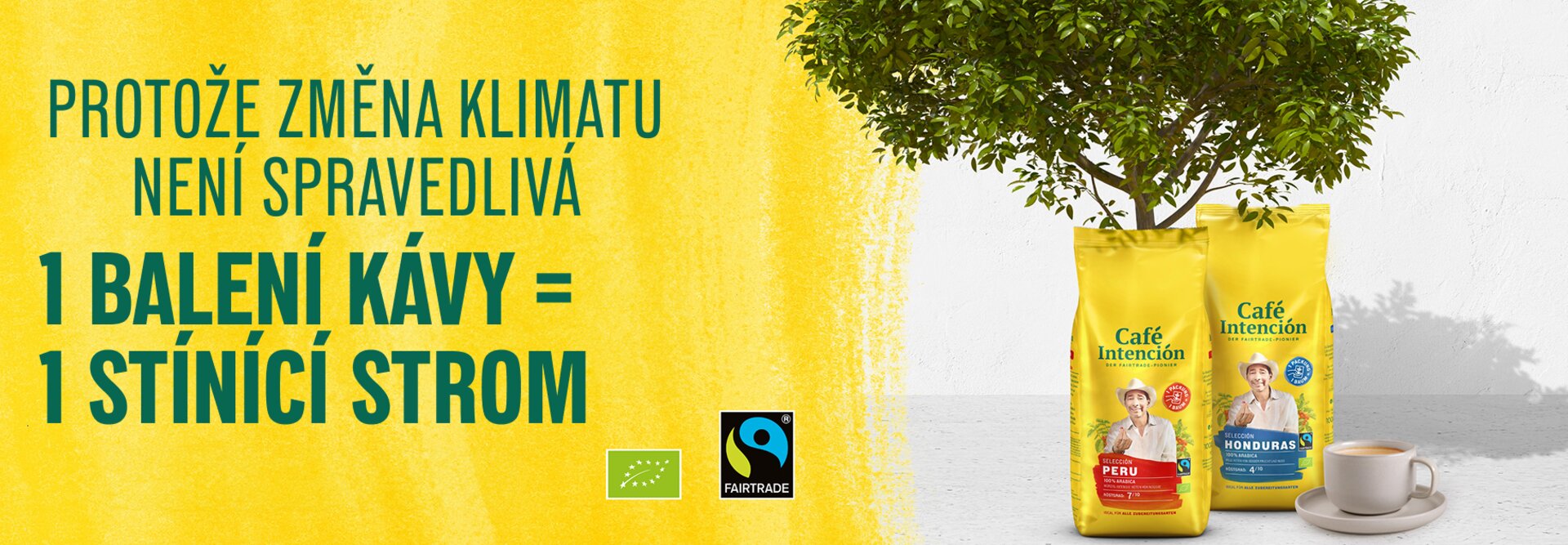 Sáčky na fairtradovou kávu, které podporují povědomí o klimatu, se stromem a šálkem kávy, které zdůrazňují úsilí o udržitelnost.