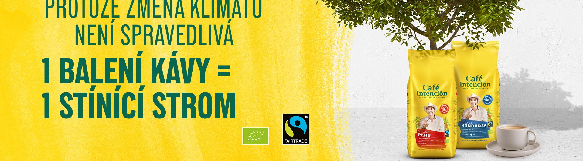 Sáčky na fairtradovou kávu, které podporují povědomí o klimatu, se stromem a šálkem kávy, které zdůrazňují úsilí o udržitelnost.