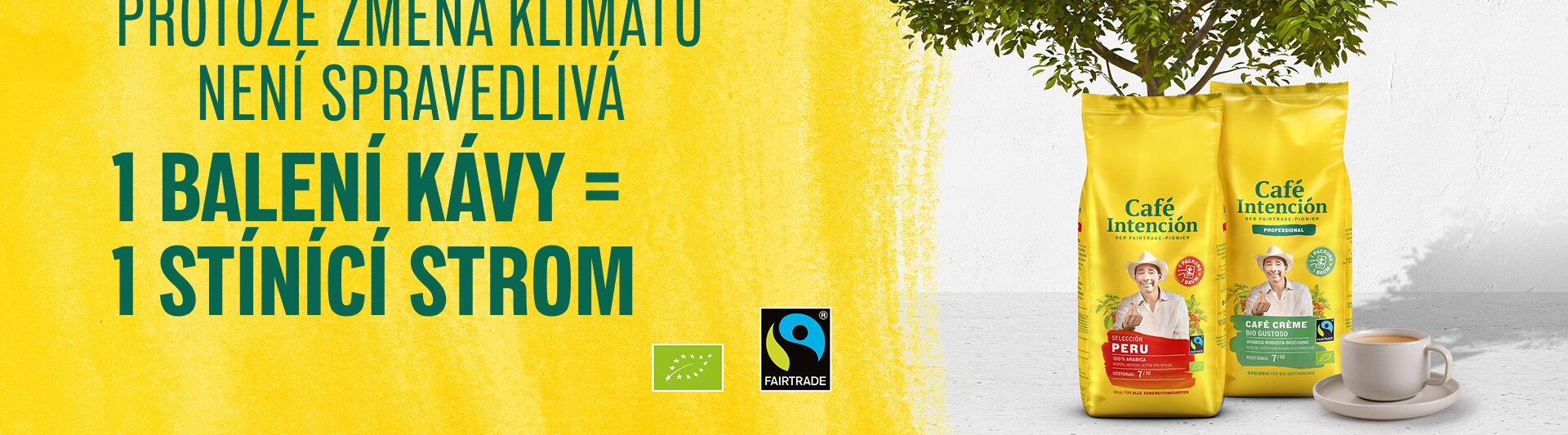 Sáčky na kávu Fairtrade Café Intención se stromem, které podporují udržitelnost a povědomí o klimatu. Vychutnejte si kávu z etických zdrojů.