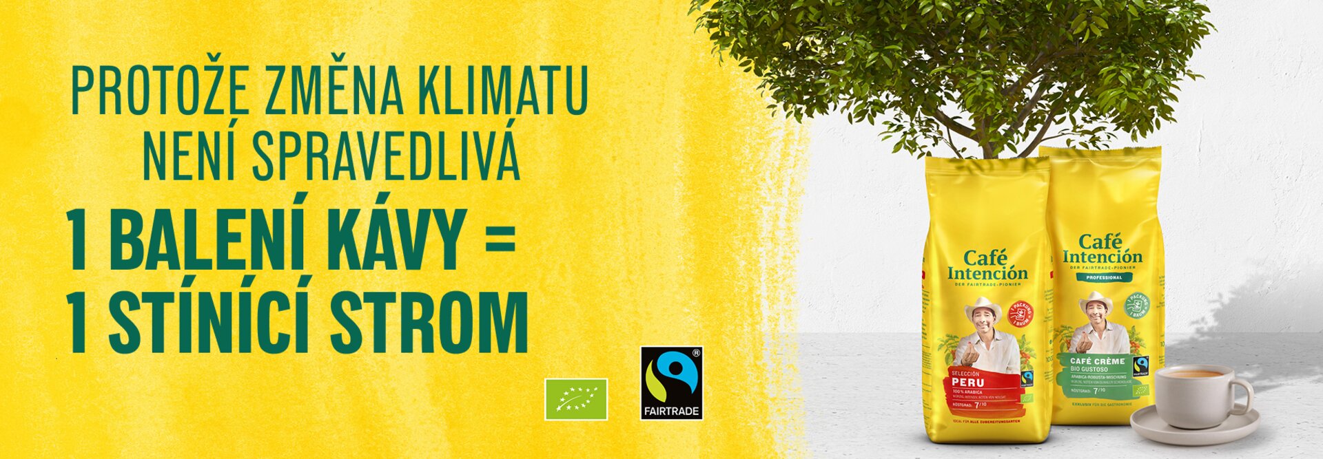 Sáčky na kávu Fairtrade Café Intención se stromem, které podporují udržitelnost a povědomí o klimatu. Vychutnejte si kávu z etických zdrojů.