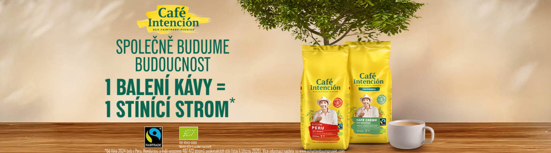 Sáčky na kávu Fairtrade Café Intención se stromem, které podporují udržitelnost a povědomí o klimatu. Vychutnejte si kávu z etických zdrojů.