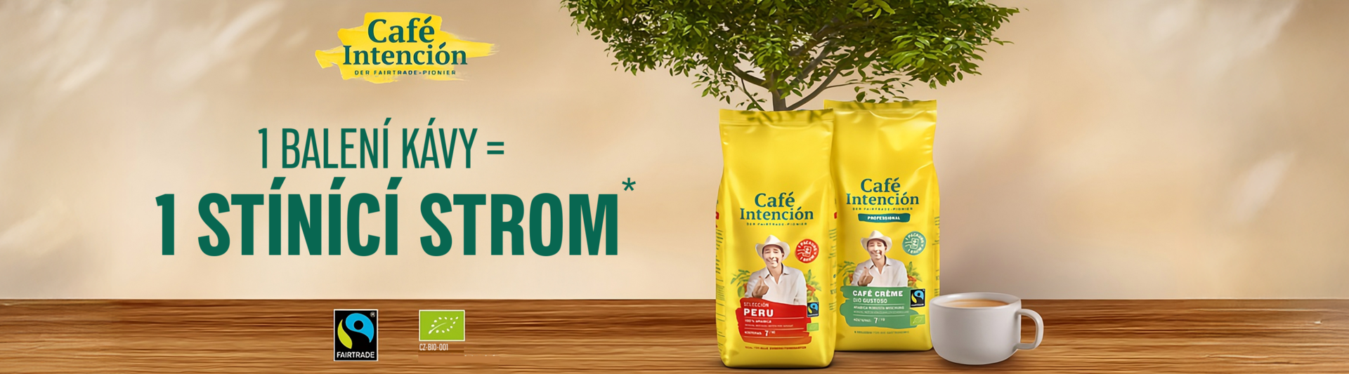 Sáčky na kávu Fairtrade Café Intención se stromem, které podporují udržitelnost a povědomí o klimatu. Vychutnejte si kávu z etických zdrojů.