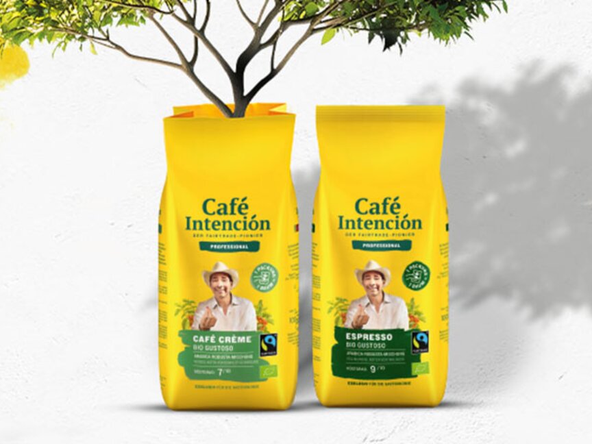 Obaly Café Intención pro Café Crème a Espresso, které zdůrazňují kvalitu Fair Trade a živou značku.