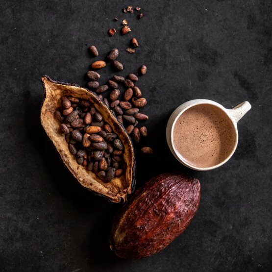 Kakaové lusky, boby a šálek bohatého čokoládového nápoje na tmavém pozadí, které podtrhuje podstatu výroby čokolády.