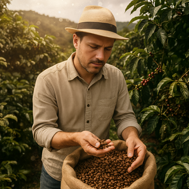 Muž kontroluje čerstvě sklizená kávová zrna na bujné plantáži, která je ztělesněním udržitelných zemědělských postupů.