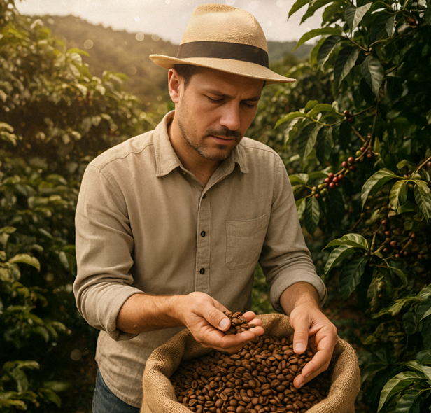 Muž kontroluje čerstvě sklizená kávová zrna na bujné plantáži, která je ztělesněním udržitelných zemědělských postupů.