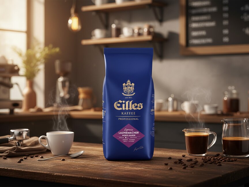 Eilles Kaffee Launemacher na dřevěném stole se šálky kávy s párou ve stylovém prostředí kavárny.