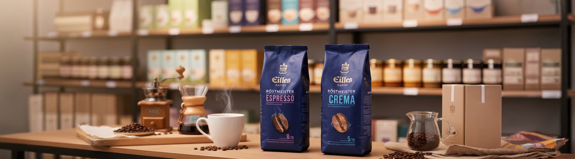Kávové výrobky Eilles vystavené na drevenom stole, na ktorom sú vrecúška Espresso a Crema spolu s nástrojmi na prípravu kávy.
