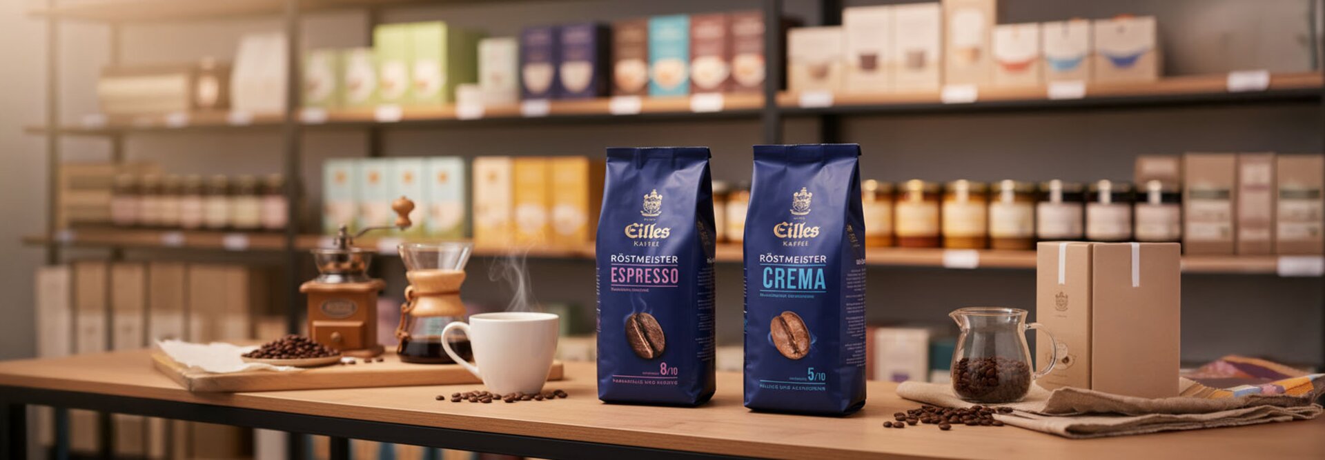 Kávové produkty Eilles vystavené na dřevěném stole, kde jsou sáčky na espresso a cremu spolu s nástroji na přípravu kávy.