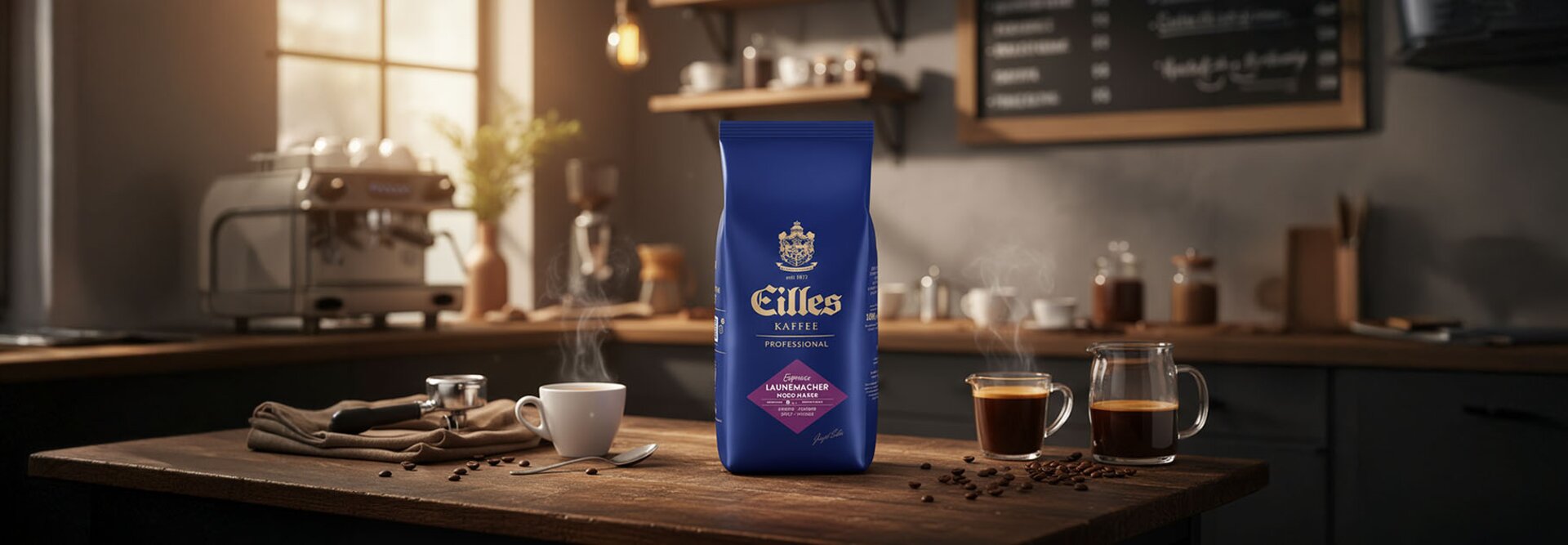 Bohatě uvařená káva Cillys Launemacher na rustikálním stole, ideální pro milovníky kávy v útulném kuchyňském prostředí.