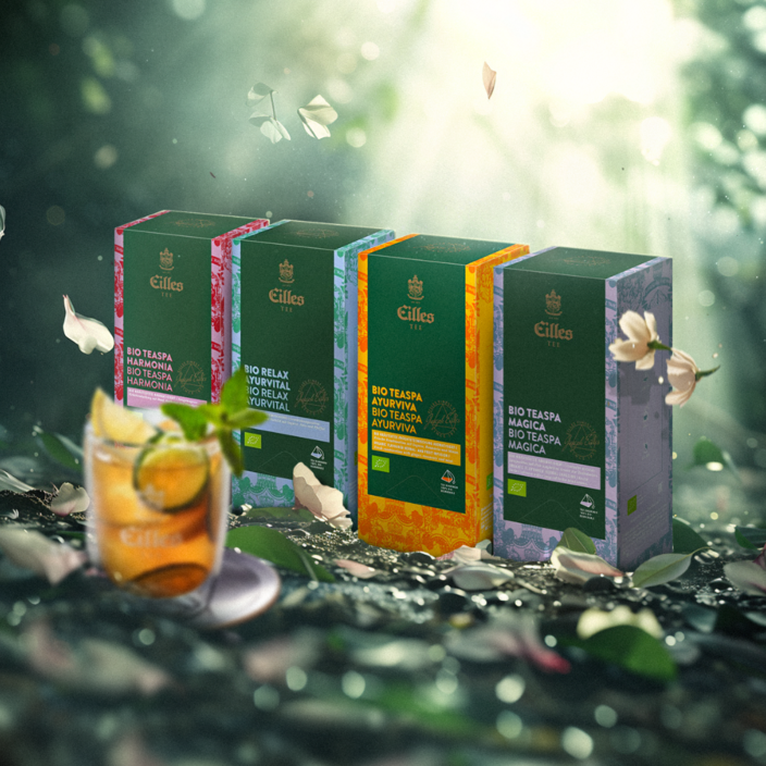 Organické bylinné čaje vystavené v klidném prostředí, včetně směsí Harmony, Relax a Magical. Ideální pro wellness.