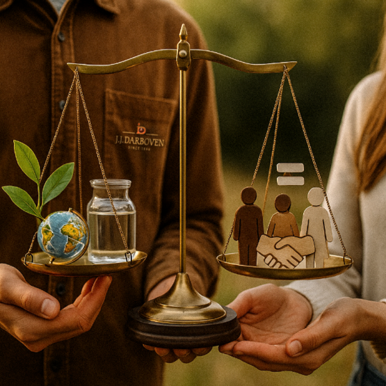 Vyvážená váha symbolizující udržitelnost a sociální spravedlnost, kterou drží dva lidé venku a která představuje spravedlnost.