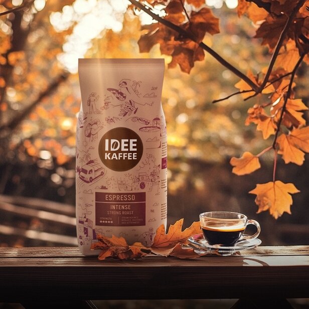 Bohatá, intenzivní směs espressa Idee Kaffee vedle podzimního listu na teplém podzimním pozadí.