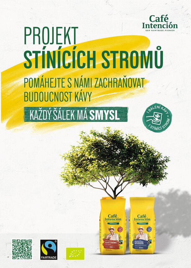 Café Intención propaguje udržitelnou kávu pomocí zeleného projektu s kávovými sáčky a ilustrací stromu.