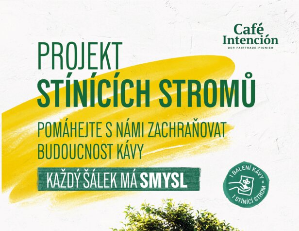 Café Intención propaguje trvalo udržateľnú kávu prostredníctvom zeleného projektu s vreckami na kávu a ilustráciou stromu.