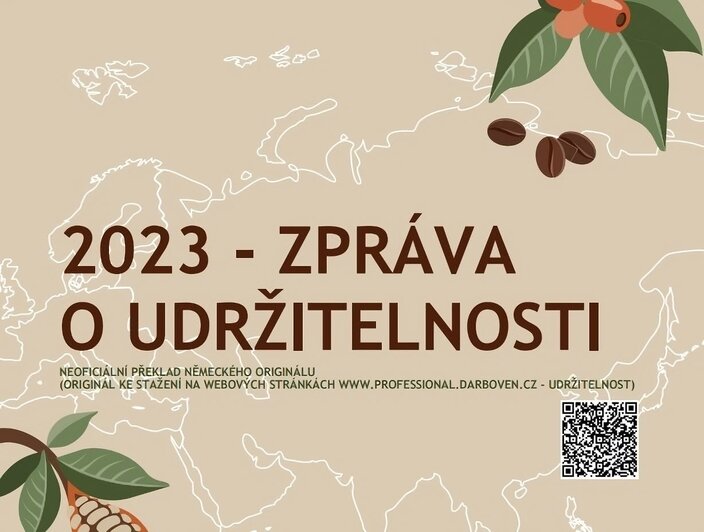 Obálka zprávy o udržitelnosti do roku 2023 s kávovníky, mapovým podkladem a QR kódem ke stažení.