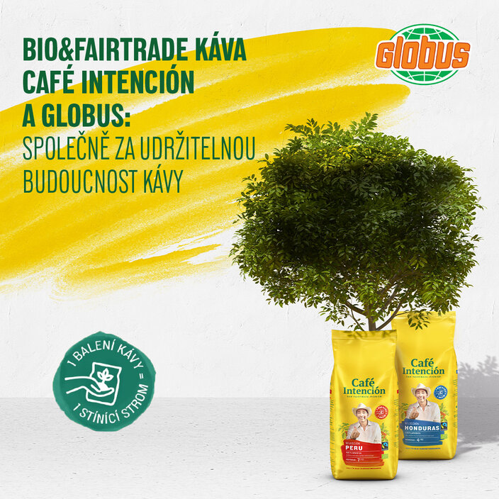 Sáčky na kávu Fairtrade Café Intención propagující udržitelnou kávu na pozadí živého stromu od společnosti Globus.