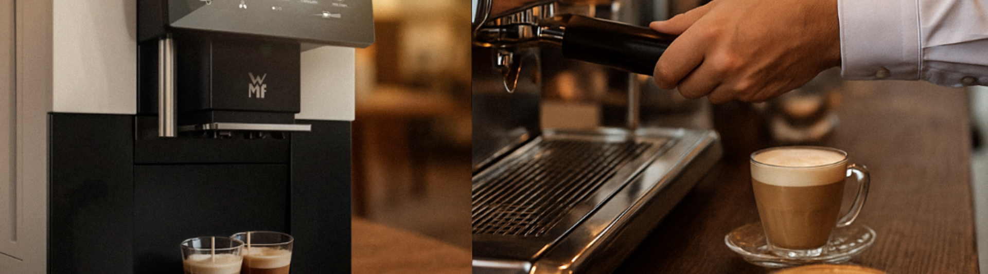Moderní kávovary v kavárně s kvalitními nápoji a latte art na dřevěném pultu. Ideální pro B2B řešení kávy.