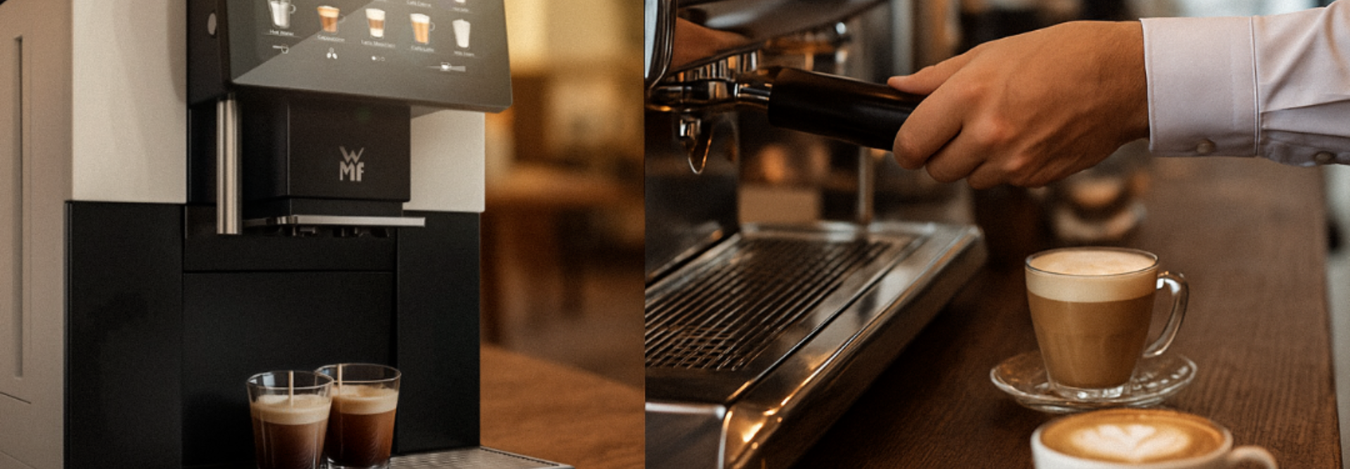 Moderní kávovary v kavárně s kvalitními nápoji a latte art na dřevěném pultu. Ideální pro B2B řešení kávy.