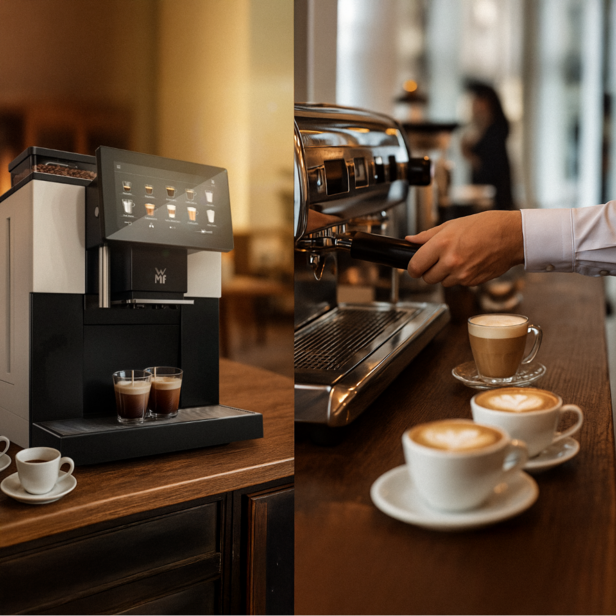 Moderní kávovary v kavárně s kvalitními nápoji a latte art na dřevěném pultu. Ideální pro B2B řešení kávy.